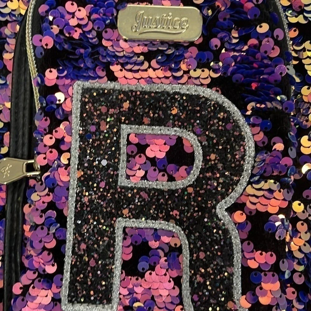 JUSTICE Mini Backpack‎ Sequin Initial R Girls OS Purple Pink Flip Sequin Bag
